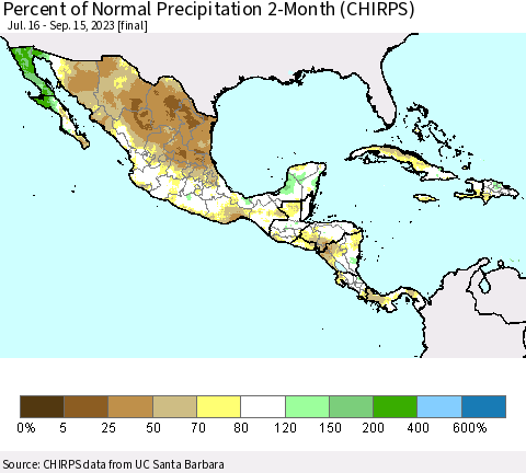 Mexico Central America and the Caribbean Percent of Normal Precipitation 2-Month (CHIRPS) Thematic Map For 7/16/2023 - 9/15/2023