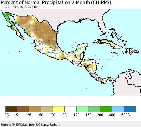 Mexico Central America and the Caribbean Percent of Normal Precipitation 2-Month (CHIRPS) Thematic Map For 7/21/2023 - 9/20/2023
