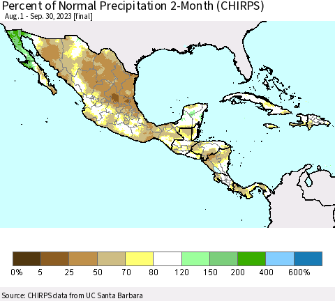 Mexico Central America and the Caribbean Percent of Normal Precipitation 2-Month (CHIRPS) Thematic Map For 8/1/2023 - 9/30/2023