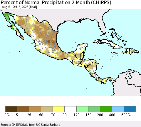 Mexico Central America and the Caribbean Percent of Normal Precipitation 2-Month (CHIRPS) Thematic Map For 8/6/2023 - 10/5/2023