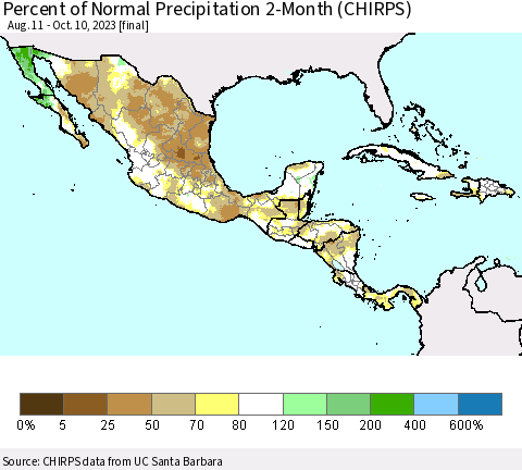 Mexico Central America and the Caribbean Percent of Normal Precipitation 2-Month (CHIRPS) Thematic Map For 8/11/2023 - 10/10/2023
