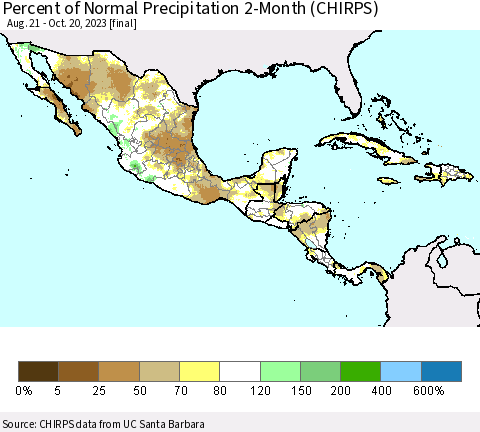 Mexico Central America and the Caribbean Percent of Normal Precipitation 2-Month (CHIRPS) Thematic Map For 8/21/2023 - 10/20/2023