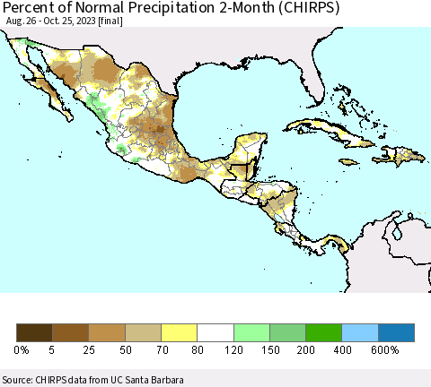 Mexico Central America and the Caribbean Percent of Normal Precipitation 2-Month (CHIRPS) Thematic Map For 8/26/2023 - 10/25/2023