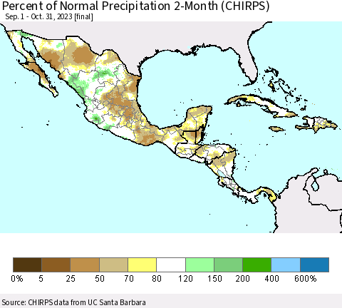Mexico Central America and the Caribbean Percent of Normal Precipitation 2-Month (CHIRPS) Thematic Map For 9/1/2023 - 10/31/2023