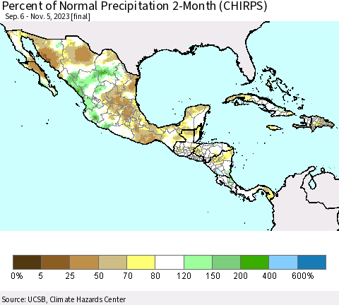 Mexico Central America and the Caribbean Percent of Normal Precipitation 2-Month (CHIRPS) Thematic Map For 9/6/2023 - 11/5/2023
