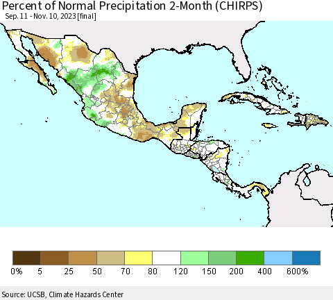 Mexico Central America and the Caribbean Percent of Normal Precipitation 2-Month (CHIRPS) Thematic Map For 9/11/2023 - 11/10/2023
