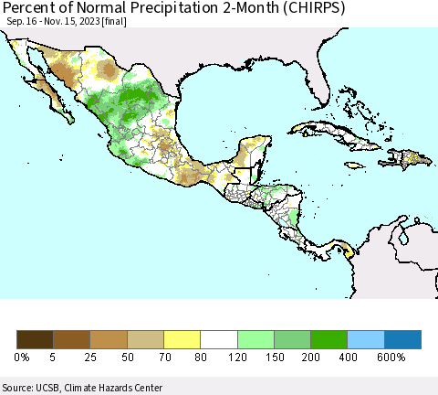 Mexico Central America and the Caribbean Percent of Normal Precipitation 2-Month (CHIRPS) Thematic Map For 9/16/2023 - 11/15/2023