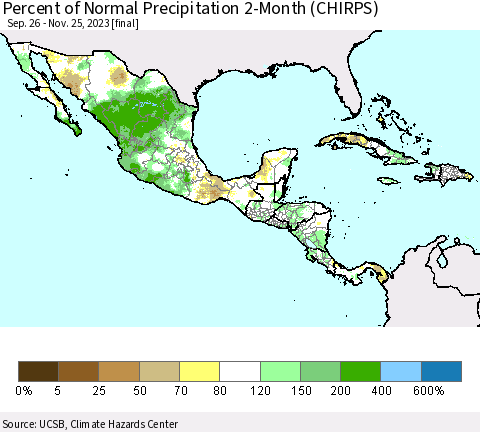 Mexico Central America and the Caribbean Percent of Normal Precipitation 2-Month (CHIRPS) Thematic Map For 9/26/2023 - 11/25/2023