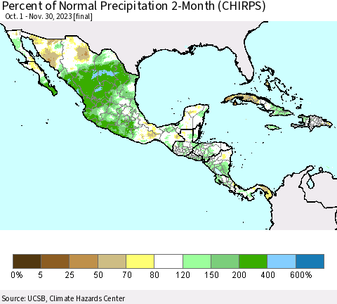 Mexico Central America and the Caribbean Percent of Normal Precipitation 2-Month (CHIRPS) Thematic Map For 10/1/2023 - 11/30/2023