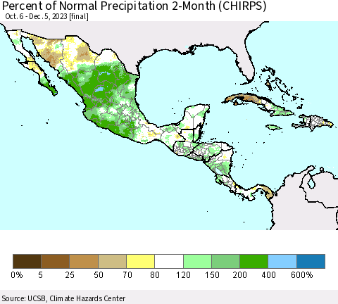 Mexico Central America and the Caribbean Percent of Normal Precipitation 2-Month (CHIRPS) Thematic Map For 10/6/2023 - 12/5/2023