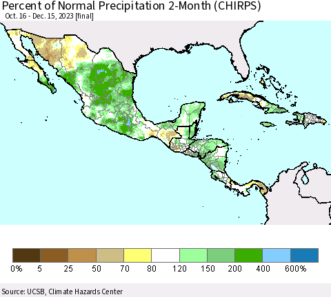 Mexico Central America and the Caribbean Percent of Normal Precipitation 2-Month (CHIRPS) Thematic Map For 10/16/2023 - 12/15/2023