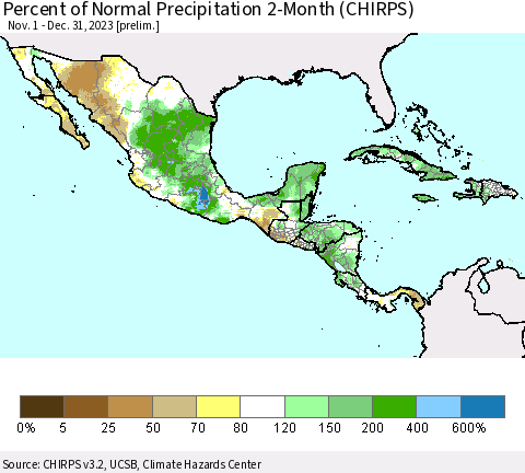 Mexico Central America and the Caribbean Percent of Normal Precipitation 2-Month (CHIRPS) Thematic Map For 11/1/2023 - 12/31/2023