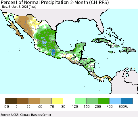 Mexico Central America and the Caribbean Percent of Normal Precipitation 2-Month (CHIRPS) Thematic Map For 11/6/2023 - 1/5/2024