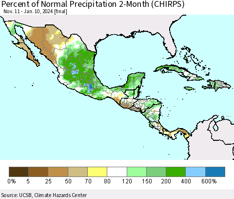 Mexico Central America and the Caribbean Percent of Normal Precipitation 2-Month (CHIRPS) Thematic Map For 11/11/2023 - 1/10/2024