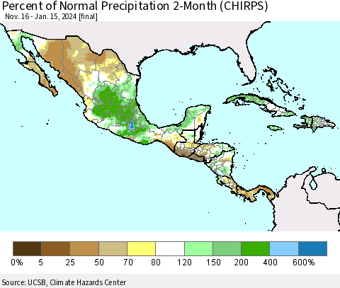 Mexico Central America and the Caribbean Percent of Normal Precipitation 2-Month (CHIRPS) Thematic Map For 11/16/2023 - 1/15/2024