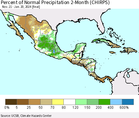 Mexico Central America and the Caribbean Percent of Normal Precipitation 2-Month (CHIRPS) Thematic Map For 11/21/2023 - 1/20/2024