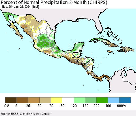 Mexico Central America and the Caribbean Percent of Normal Precipitation 2-Month (CHIRPS) Thematic Map For 11/26/2023 - 1/25/2024