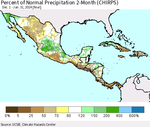 Mexico Central America and the Caribbean Percent of Normal Precipitation 2-Month (CHIRPS) Thematic Map For 12/1/2023 - 1/31/2024