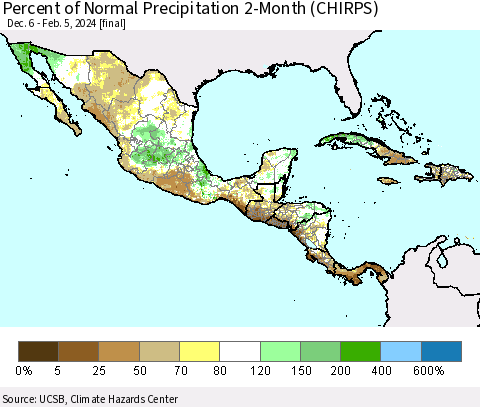 Mexico Central America and the Caribbean Percent of Normal Precipitation 2-Month (CHIRPS) Thematic Map For 12/6/2023 - 2/5/2024