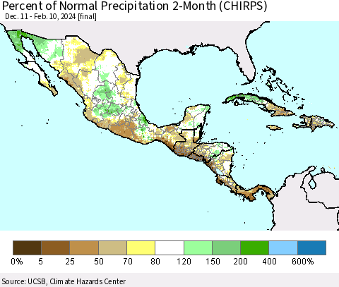 Mexico Central America and the Caribbean Percent of Normal Precipitation 2-Month (CHIRPS) Thematic Map For 12/11/2023 - 2/10/2024