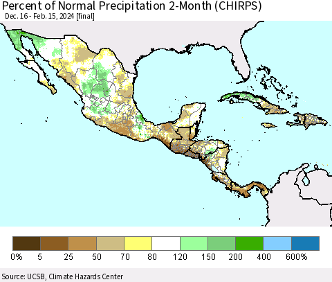 Mexico Central America and the Caribbean Percent of Normal Precipitation 2-Month (CHIRPS) Thematic Map For 12/16/2023 - 2/15/2024