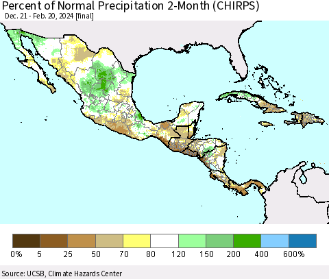 Mexico Central America and the Caribbean Percent of Normal Precipitation 2-Month (CHIRPS) Thematic Map For 12/21/2023 - 2/20/2024