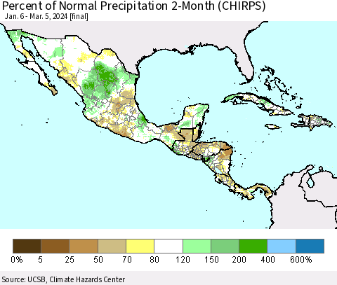 Mexico Central America and the Caribbean Percent of Normal Precipitation 2-Month (CHIRPS) Thematic Map For 1/6/2024 - 3/5/2024