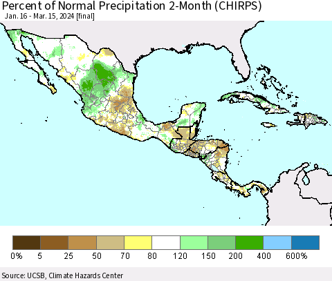 Mexico Central America and the Caribbean Percent of Normal Precipitation 2-Month (CHIRPS) Thematic Map For 1/16/2024 - 3/15/2024