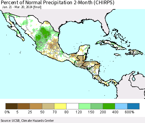 Mexico Central America and the Caribbean Percent of Normal Precipitation 2-Month (CHIRPS) Thematic Map For 1/21/2024 - 3/20/2024