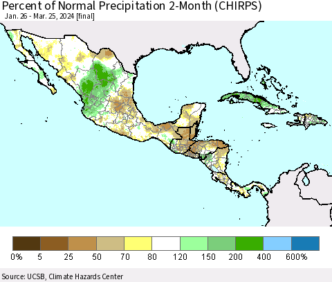 Mexico Central America and the Caribbean Percent of Normal Precipitation 2-Month (CHIRPS) Thematic Map For 1/26/2024 - 3/25/2024