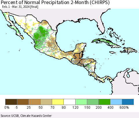 Mexico Central America and the Caribbean Percent of Normal Precipitation 2-Month (CHIRPS) Thematic Map For 2/1/2024 - 3/31/2024