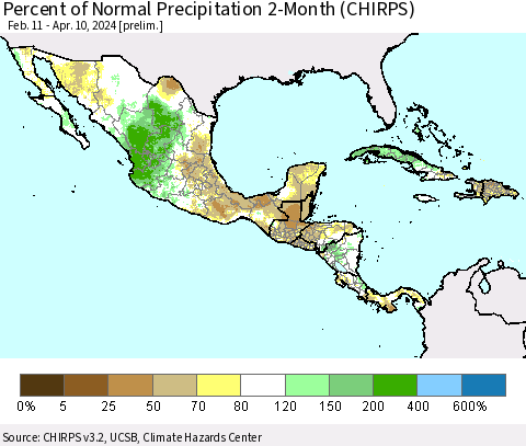 Mexico Central America and the Caribbean Percent of Normal Precipitation 2-Month (CHIRPS) Thematic Map For 2/11/2024 - 4/10/2024