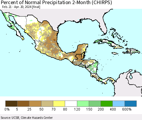 Mexico Central America and the Caribbean Percent of Normal Precipitation 2-Month (CHIRPS) Thematic Map For 2/21/2024 - 4/20/2024
