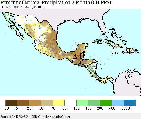Mexico Central America and the Caribbean Percent of Normal Precipitation 2-Month (CHIRPS) Thematic Map For 2/21/2024 - 4/20/2024