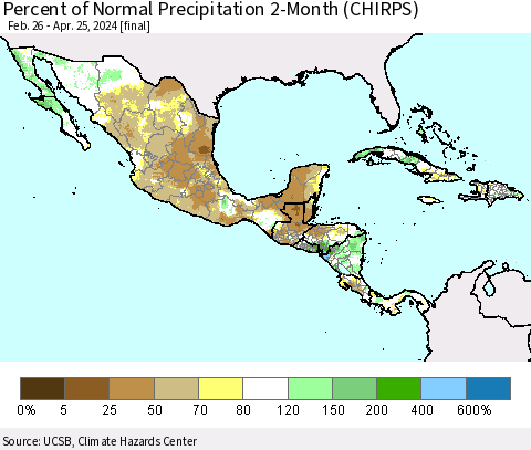 Mexico Central America and the Caribbean Percent of Normal Precipitation 2-Month (CHIRPS) Thematic Map For 2/26/2024 - 4/25/2024