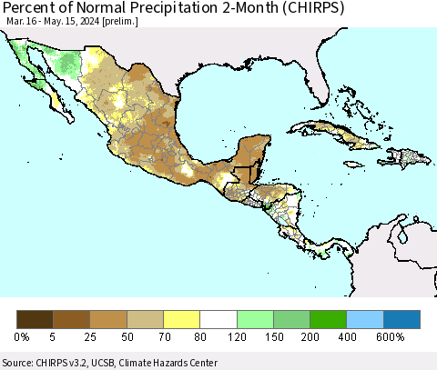 Mexico Central America and the Caribbean Percent of Normal Precipitation 2-Month (CHIRPS) Thematic Map For 3/16/2024 - 5/15/2024