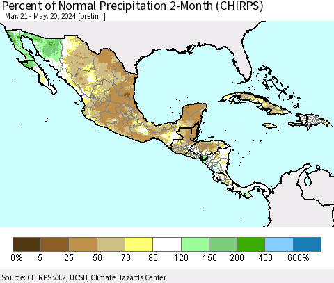 Mexico Central America and the Caribbean Percent of Normal Precipitation 2-Month (CHIRPS) Thematic Map For 3/21/2024 - 5/20/2024