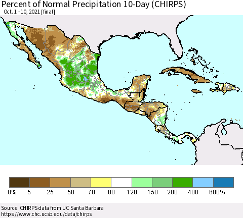 Mexico Central America and the Caribbean Percent of Normal Precipitation 10-Day (CHIRPS) Thematic Map For 10/1/2021 - 10/10/2021