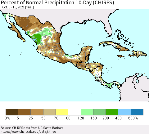 Mexico Central America and the Caribbean Percent of Normal Precipitation 10-Day (CHIRPS) Thematic Map For 10/6/2021 - 10/15/2021