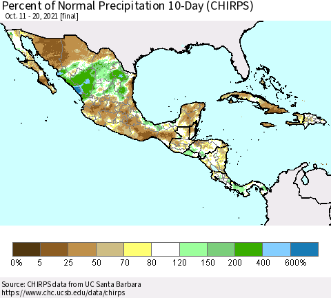 Mexico Central America and the Caribbean Percent of Normal Precipitation 10-Day (CHIRPS) Thematic Map For 10/11/2021 - 10/20/2021