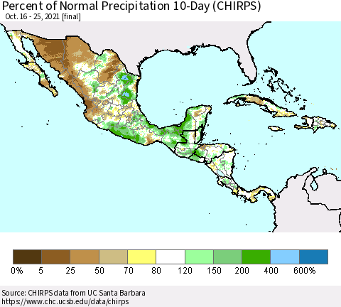 Mexico Central America and the Caribbean Percent of Normal Precipitation 10-Day (CHIRPS) Thematic Map For 10/16/2021 - 10/25/2021