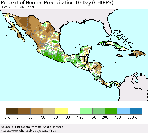 Mexico Central America and the Caribbean Percent of Normal Precipitation 10-Day (CHIRPS) Thematic Map For 10/21/2021 - 10/31/2021
