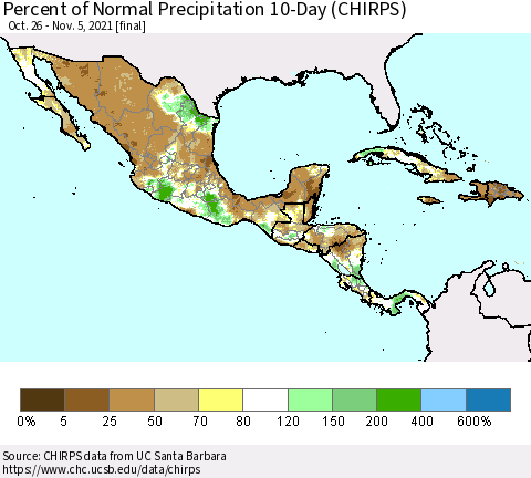 Mexico Central America and the Caribbean Percent of Normal Precipitation 10-Day (CHIRPS) Thematic Map For 10/26/2021 - 11/5/2021