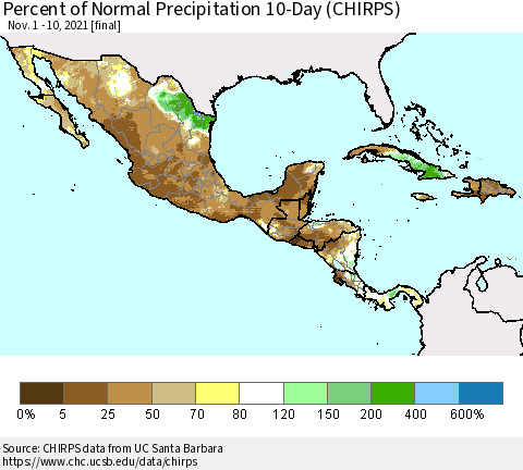 Mexico Central America and the Caribbean Percent of Normal Precipitation 10-Day (CHIRPS) Thematic Map For 11/1/2021 - 11/10/2021