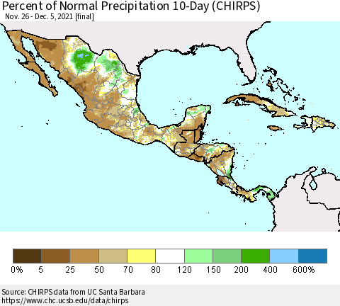 Mexico Central America and the Caribbean Percent of Normal Precipitation 10-Day (CHIRPS) Thematic Map For 11/26/2021 - 12/5/2021
