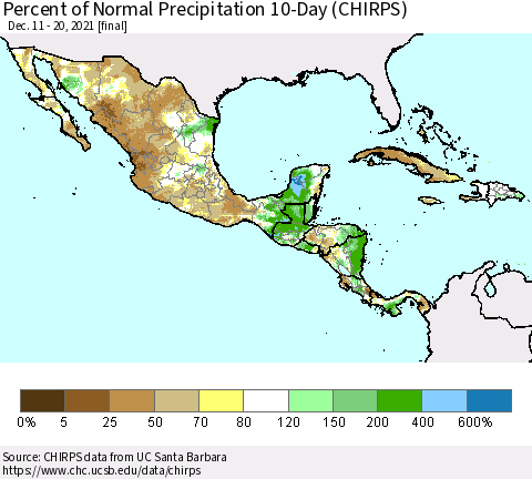 Mexico Central America and the Caribbean Percent of Normal Precipitation 10-Day (CHIRPS) Thematic Map For 12/11/2021 - 12/20/2021