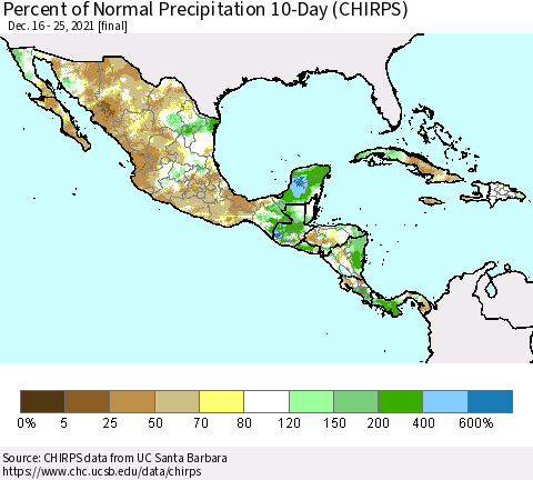 Mexico Central America and the Caribbean Percent of Normal Precipitation 10-Day (CHIRPS) Thematic Map For 12/16/2021 - 12/25/2021