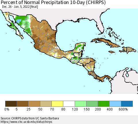 Mexico Central America and the Caribbean Percent of Normal Precipitation 10-Day (CHIRPS) Thematic Map For 12/26/2021 - 1/5/2022