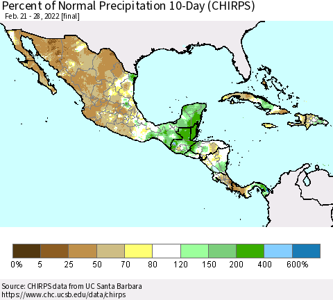 Mexico Central America and the Caribbean Percent of Normal Precipitation 10-Day (CHIRPS) Thematic Map For 2/21/2022 - 2/28/2022