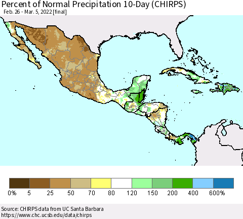 Mexico Central America and the Caribbean Percent of Normal Precipitation 10-Day (CHIRPS) Thematic Map For 2/26/2022 - 3/5/2022
